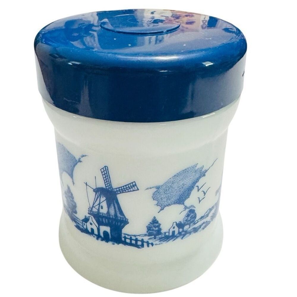 Vintage Holland Delft Blue & White  Milk Glass Canister w/ Lid 6” tall
